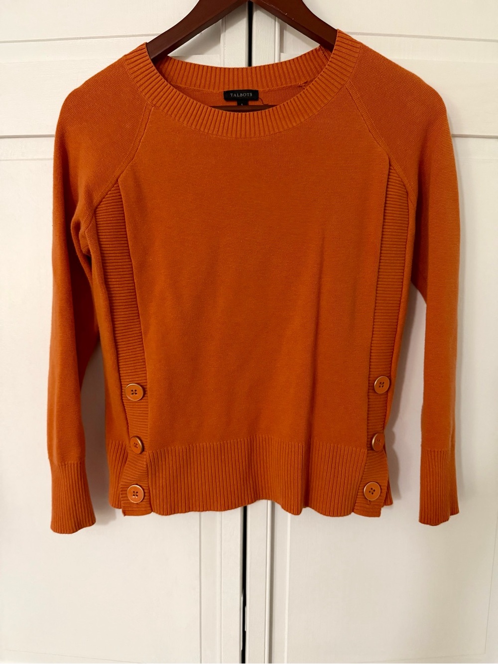 Talbots Women's Pumpkin-Orange Crewneck Sweater with Side Buttons